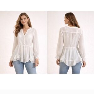 Soft Surroundings White Peplum Ruffle Hem Sheer Tunic/Cami Top Set Petite M NWOT